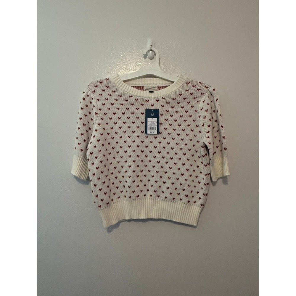Universal Thread Womens Short Sleeve Cotton Knit Sweater White Red Hearts M NWT - Picture 1 of 3